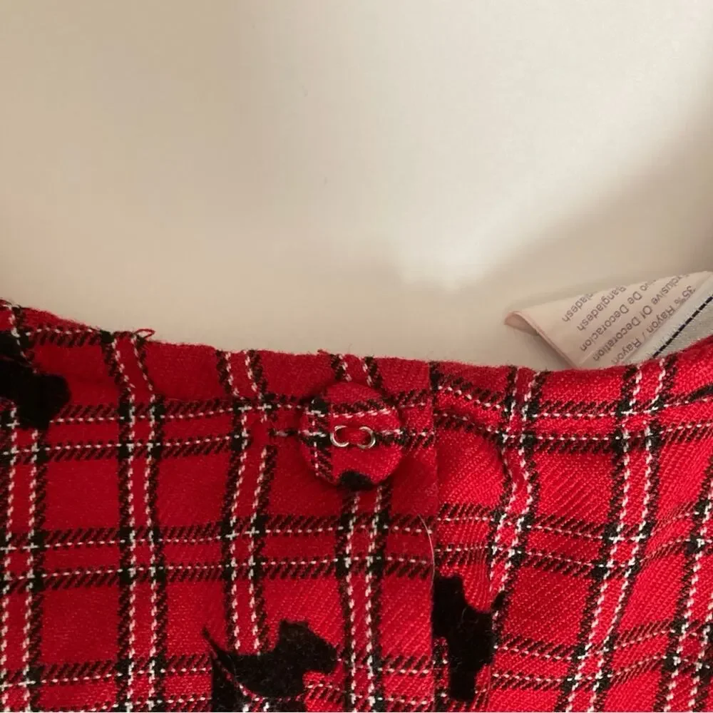Samantha Says Red Tartan Plaid Velvet Scottie Dogs Button Back Tie Formal Dress